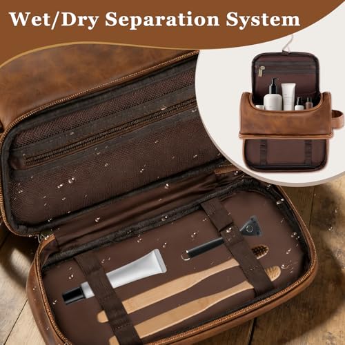 Personalized Gifts Travel Toiletry Bag for Men, Engraved Initial PU Leather Waterproof Shaving Bag, Groomsmen Present Christmas Birthday Gifts for Men Dad Husband Son Boyfriend (Light Brown P)