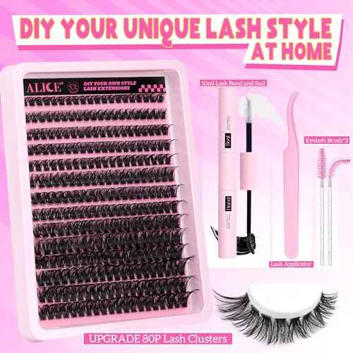DIY Eyelash Extension Kit D-Curly Wispy Volume Lash Clusters Individual Lashes Lash Extension Kit with Lash Bond and Seal Applicator Tool for Self Application at Home (80P-280Pcs-Mix10-16mm-0.07D)