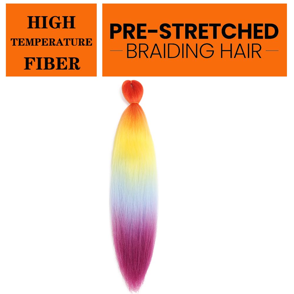 Pre Stretched Braiding Hair 26 Inch Ombre Red Kanekalon Braiding Hair Extensions Hot Water Setting Crochet Box Braids Hair (26 Inch (Pack of 1), Orange-Yellow-Light Blue-Purple)