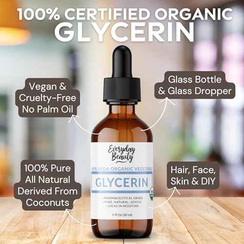 100% Organic Glycerin - For Skin & Hair - Food Grade - USDA Certified - Not From Palm Oil - Perfect Skin and Hair Moisturizer - 1 Fl Oz Glass Bottle & Dropper