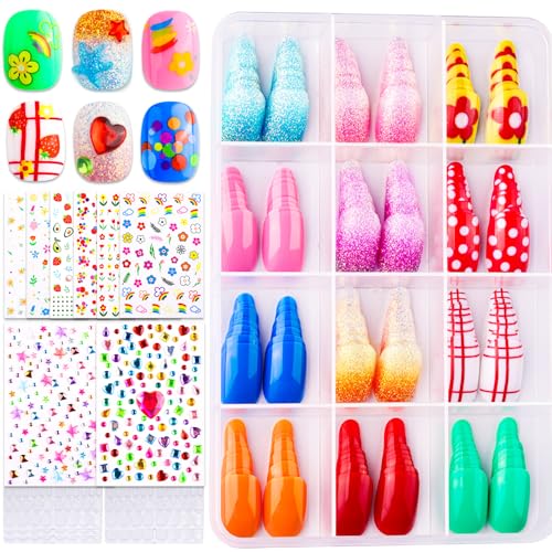FANDAMEI Kids Press On Nails Set with Stickers & Gems