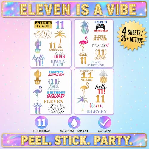 11th Birthday Temporary Tattoos - 4 Waterproof Sheets