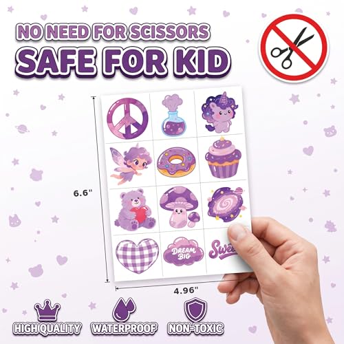 96 Piece Purple Temporary Tattoos for Kids | Waterproof Kawaii