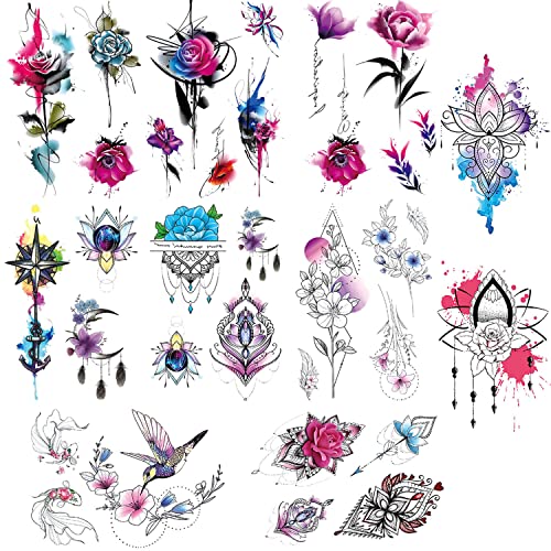 Glaryyears Watercolor Flower Temporary Tattoos, 10 Pack