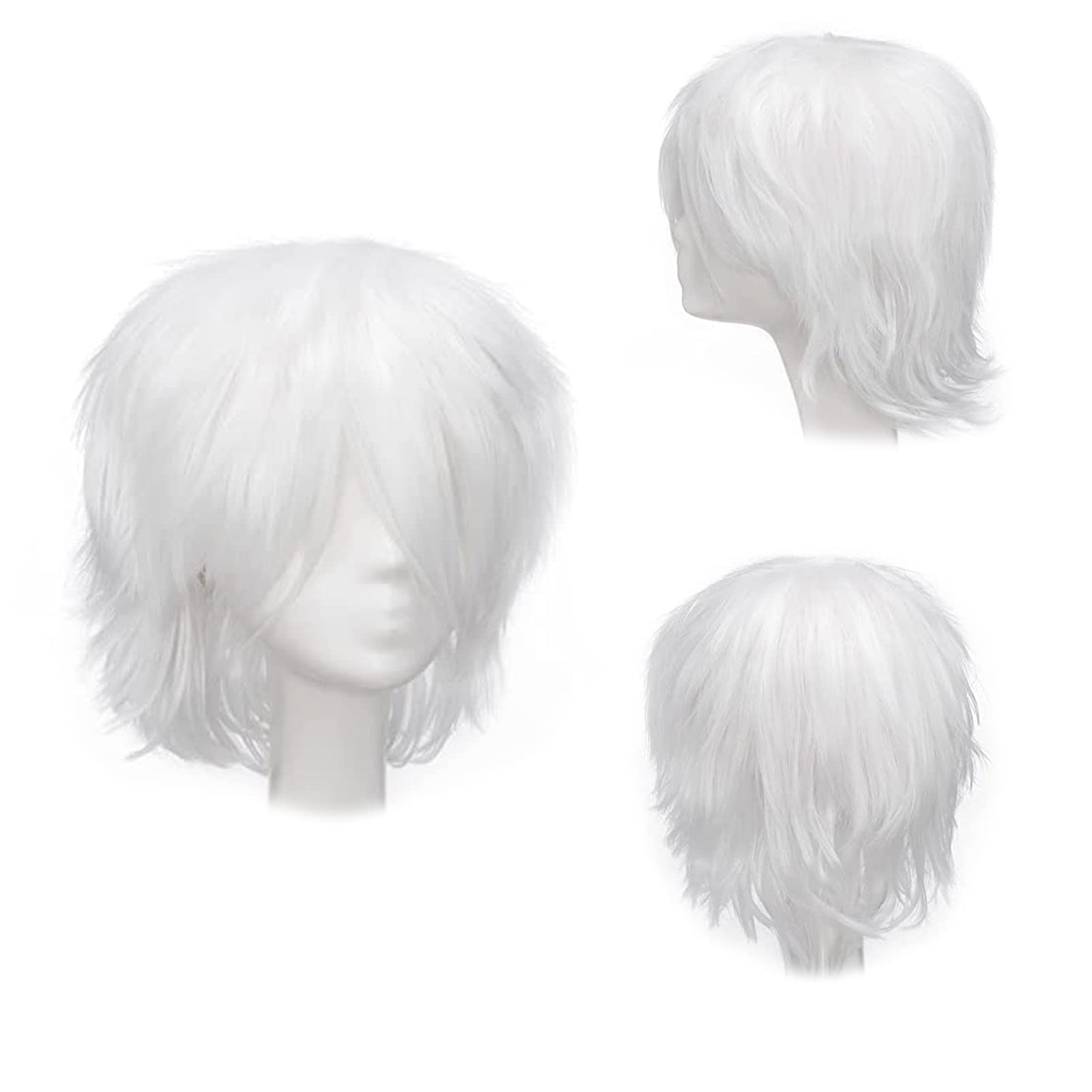 Gairyan Short White Wig Cosplay Wig Unisex Anime Costume Straight Fluffy Wig Synthetic Spiky Layered Short Hair With Bangs Heat Resistent Holiday Theme Party Fancy Dress Halloween Wig + Free Wig Cap