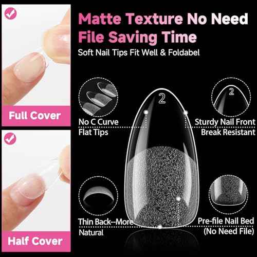 UNA GELLA 504Pcs Medium Pointed Almond Nail Tips, Pre-shape Almond Gel Nail Tips Half Matte Full Cover Acrylic Clear Press on Fake Nails Tips for Nail Extension Nail Art DIY Salon 12 Sizes