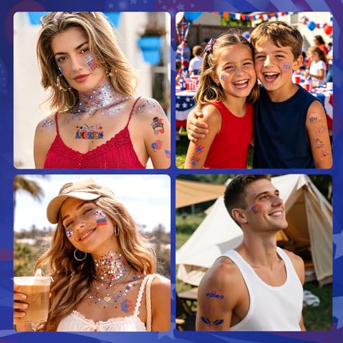 Gloomix Patriotic Face & Hair Glitter Kit Red White Blue with 100 Stickers for 4th of July