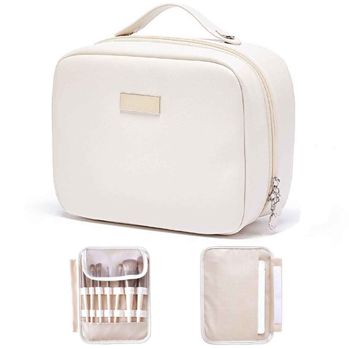 OLBUPS Portable Large Capacity Cosmetic Bag, Skincare Products, Makeup Brush Storage Bag, Double Layer Makeup Bag (White)