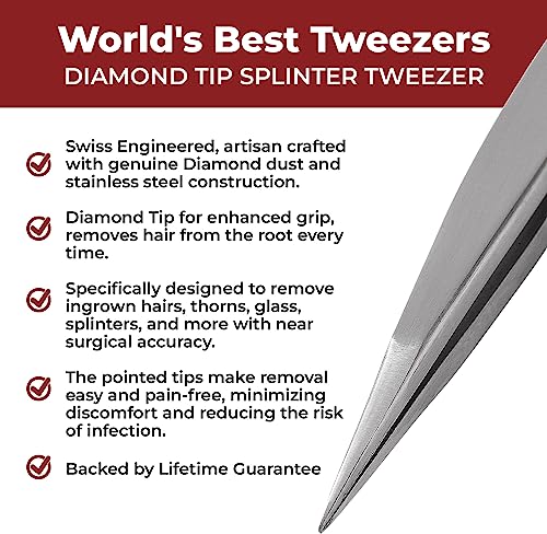 World's Best Tweezers Diamond Tip Splinter Tweezers - Diamond Coated, Professional Precision Needle Nose Pointed Tweezer for Ingrown Hair, Splinter, Ticks, and Glass Removal - Stainless Steel