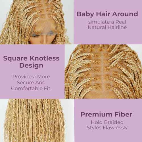 SUPERNOVA 36 Inches Full Lace Boho Box Braided Wig T274/614# Ombre Blonde Synthetic Braids Wig With Baby Hair Bohemian Long Highlight Square Knotless Braided Wigs For Black Women (36 Inch)