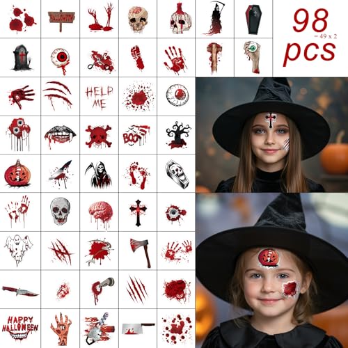 Halloween Temporary Tattoos Stickers - 16 Sheets, 98 Designs