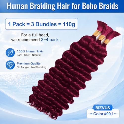 Boho Braiding Hair 110g Deep Wave Human Hair 3 Bundles #99J Burgundy 18"