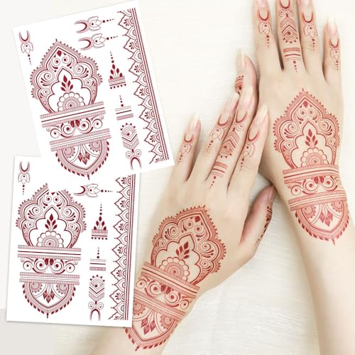 18 Sheets Traditional Henna Temporary Tattoo Stickers, Brown, Waterproof, Wedding Party Design with Peacock and Lotus Patterns, Body Art