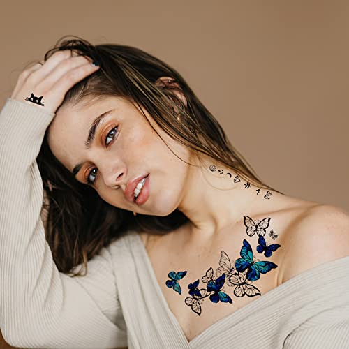Flower Butterfly Temporary Tattoos for Women Girls, 12Sheets Large Black Waterproof Half-Arm Shoulder Adults Fake Tattoo, Blue Realistic That Look Real Last Long Party Favors Supplies Gifts