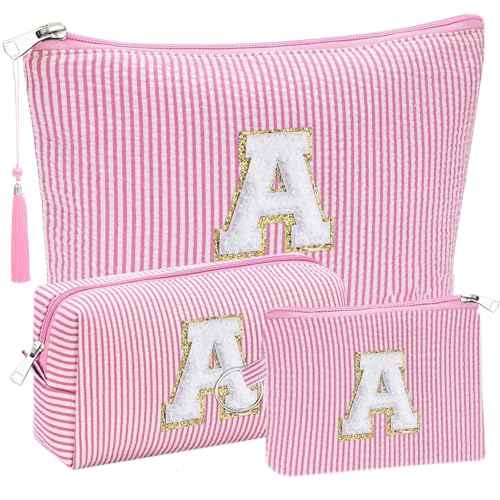 Initial Gifts Travel Cosmetic Makeup Pouch Bags Sets for Purse, 3pcs Stoney Clover Dupes Pouch Makeup Bag, Personalized Cosmetic Bags Set for Women, Make up Bag for Teen Girls 13 14 15 16 17 (A, Pink)