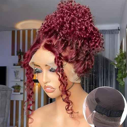 Burgundy Wig Human Hair Hidden Strap 360 Lace Front Wigs Human Hair Deep Wave Invisible Strap Pre Plucked Bleached Knots Glueless Drawstring Curly Human Hair Wig for Women (22inch)