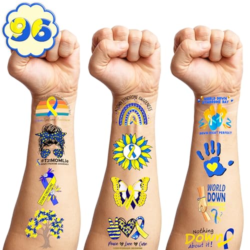 103 PCS Funny Down Syndrome Awareness Temporary Tattoos Stickers Theme Party Decorations Supplies Favors Decor Care Blue Yellow Ribbon Tattoo Sticker Gifts For Boys Girls Class Prizes Carnival