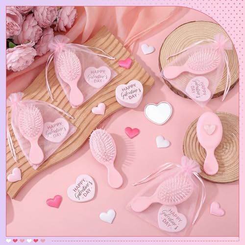 Yungyan 12 Set Galentine's Day Party Favors for Women Pink Heart-Shaped Mirror and Small Hair Brush with Organza Bag Party Supplies Cute Inspirational Gift Sets for Bestie Birthday Bridal Shower