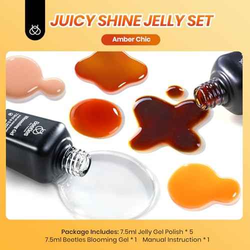 Beetles Fall Gel Nail Polish Set ? Amber Chic Jelly Gel Polish with Blooming Gel for Marble Effects, 6 Colors Yellow Red Brown Gray Translucent Soak Off UV LED Autumn Nail Art