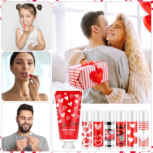 144 Pcs Valentine's Day Lip Balm Hand Cream Set Party Favors, Include 36 Red Valentine Lip Balm 36 Moisturizing Hand Cream 36 Bags 36 Love Cards and Ropes for Women Accessories Gifts