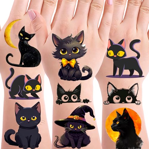 152 Black Cat Temporary Tattoos - 24 Sheets Halloween Party Favors