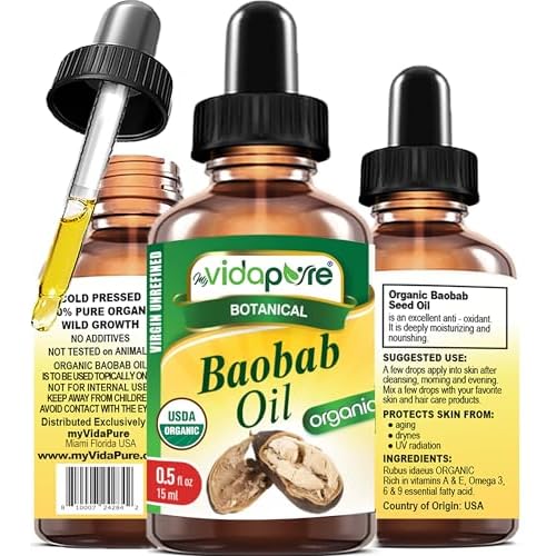 MYVIDAPURE Organic BAOBAB OIL Certified Organic 100% Natural Pure VIRGIN UNREFINED for Skin, Face, Hair, Lip and Nail Care (0.5 Fl Oz)