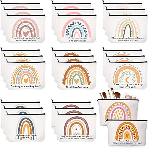 Coume 30 Pcs Teacher Appreciation Gifts Bulk for Women Inspirational Rainbow Canvas Makeup Bags Thank You Cosmetic Bags for Teacher Employee Coworker Gifts, 10 Styles(Elegant)