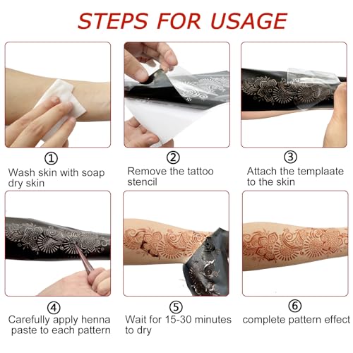 Henna Stencils 9 Sheet Henna Tattoo Kit, Reusable Henna Stickers for Hand Forearm Indian Arabian Self Adhesive Tattoo Templates