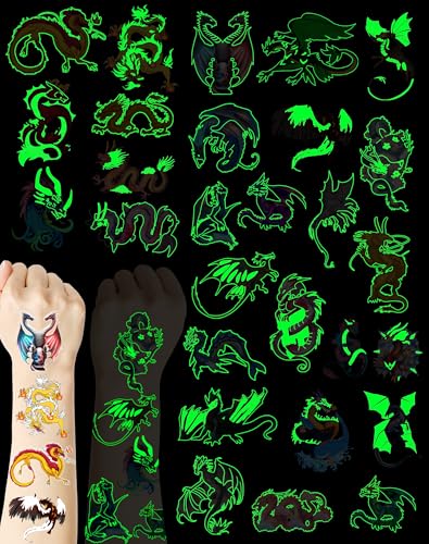 140 Glow-in-Dark Dragon Temporary Tattoos, 35 Designs
