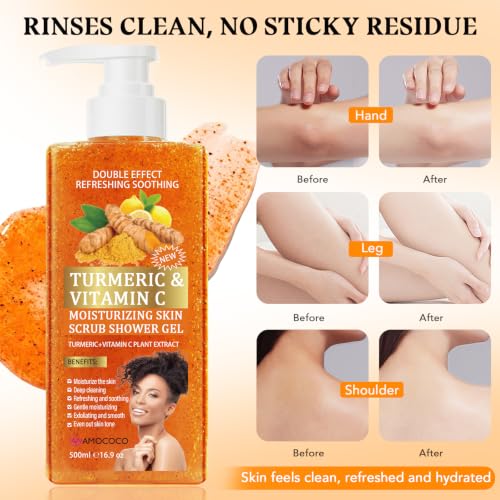 2 Packs Vitamin C Turmeric Body Scrub & Body Wash, Gentle Exfoliating Shower Gel, Hydrating, Unisex, 16.9 fl oz