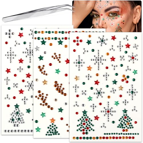 3 Sheet Christmas Face Gems Hair Gems, Self-Adhesive Face Jewels Eye Jewels Rhinestones DIY Face Gems Stick on, Halloween Makeup Gems Rave Accessories for Face Eyes Body Makeup, Crafts