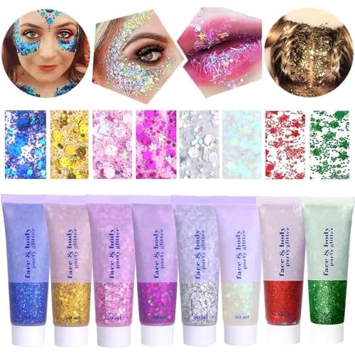 MAEPEOR Face Body Glitter Gel 14 Colors Mermaid Sequins Body Glitter Gel Chunky Holographic Glitter Liquid Body Makeup for Face Body Hair Nails (50ml, F04 Hot Pink)
