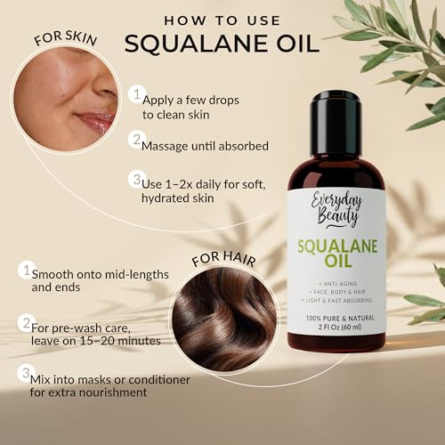 Squalane Oil - 100% Pure & Natural Plant Derived Facial Oil 2 Fl Oz - Cold Pressed and Unrefined Premium Grade Multipurpose Moisturizing Oil for Skin and Hair