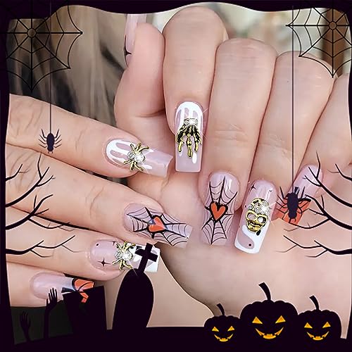 SILPECWEE 60pcs Halloween Nail Charms 3D Flat Back Nail Jewels Retro Skull Spider Skeleton Hand Charms for Nails Design Metal Nail Studs Alloy Nail Art Decoration for Acrylic Nails