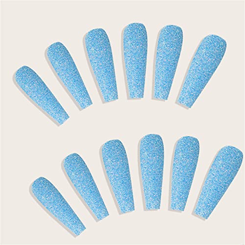 Sparkly Shiny Long Coffin Press On False Nails Medium Length Full Cover Acrylic Fake Nails Ballerina Nails for Women Lady Fashion Nails for Nail Salons and Home DIY Nail Art 24PCS (BKS1150 Blue)