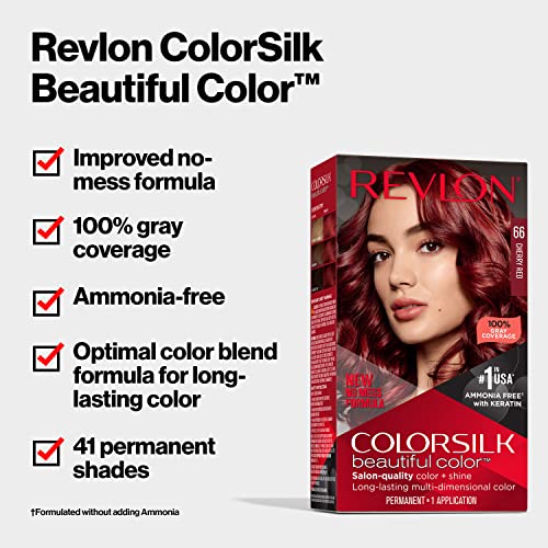 Revlon Colorsilk Beautiful Color Permanent Hair Color, Long-Lasting High-Definition Color, Shine & Silky Softness with 100% Gray Coverage, Ammonia Free, 041 Medium Brown, 1 Pack