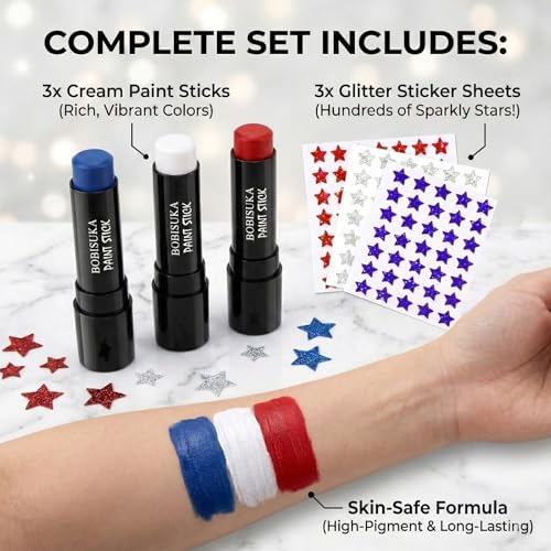 Patriotic Red White Blue Face Paint Stick Set with Glitter Stickers