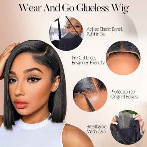 Glueless Wigs Human Hair Pre Plucked Pre Cut Straight Bob Wigs for Black Women 5x5 HD Lace Closure Wigs Human Hair with Elastic Band for Beginners Ready to Go Glueless Bob Wig 16 Inch