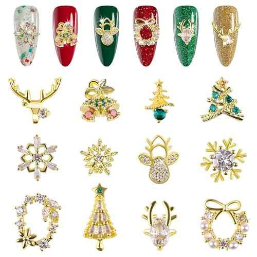 12PCS Christmas Nail Charms, EBANKU 3D Xmas Zircon Charms for Nails Snowflake Christmas Tree Nail Rhinestones Reindeer Metal Nail Art Diamond Gems for Christmas Nail Art Decoration