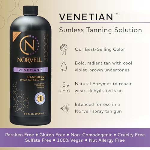 Norvell Premium Spray Tan Solution Venetian 1 Liter ? Professional Sunless Tanning Formula for Natural Bronze Glow, Streak-Free, Fast-Drying, Long-Lasting Color