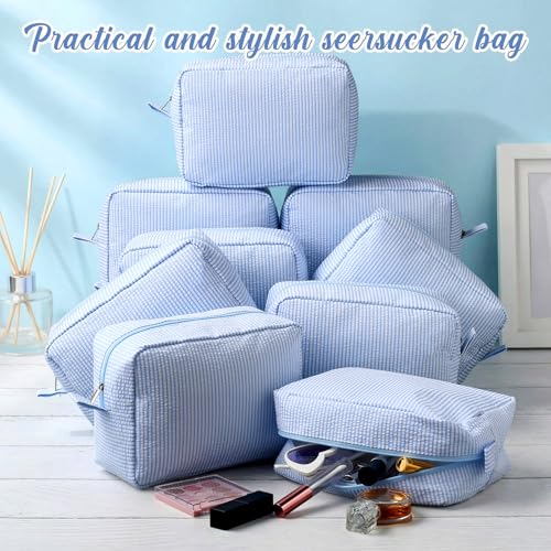 Sanwuta 9 Seersucker Cosmetic Bag Bulk Pinstripe Makeup Bag for Women Aesthetic Cute Travel Toiletry Organizer Preppy Storage Pouch for Wedding Bridesmaid Christmas Gift (Large,Blue)
