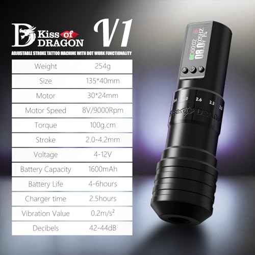 Tattoo Gun Kit Complete Wireless Tattoo Machine Kit, Kiss of Dragon V1 Rotary Adjustable Stroke Tattoo Pen with 1600 mAh Cordless Battery Tattoo Cartridge Needles Set for Beginners