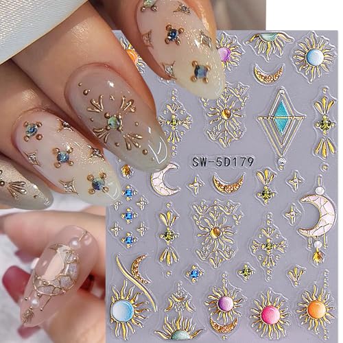 Sun Moon Star 5D 3D Embossed Nail Art Stickers (9 Sheets) - Bohemian Decals