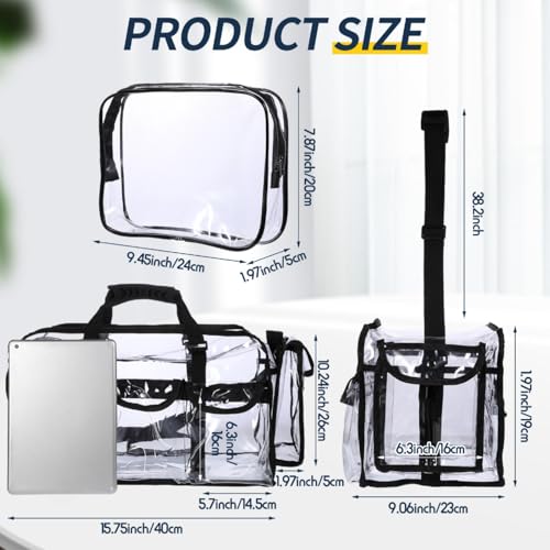 Abbylike 2 Pcs Large Professional Clear PVC Travel Makeup Bag with 4 External Pockets and Shoulder Strap Zippered Toiletry Bags for Women(Black)