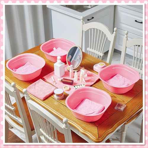 Patelai 6 Sets Kids Foot Spa Kit for Girl 12 x 12 x 4.3 Inch Foot Soaking Tub 14 x 30 Inch Hand Towels Washbasin Towels for Spa Party Sleepover Party Supplies(Pink)