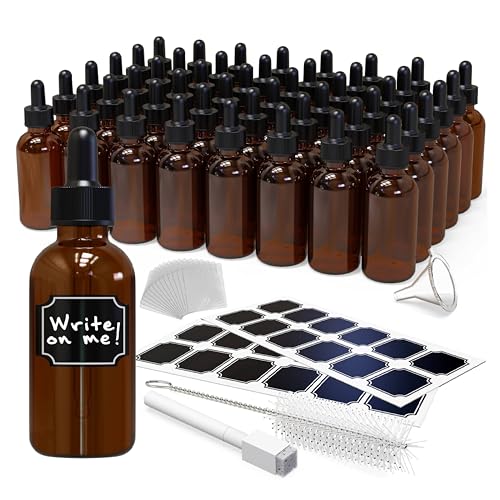 Nevlers Amber Glass Dropper Bottles 2 oz - Leakproof Reusable Set (48 Pack)