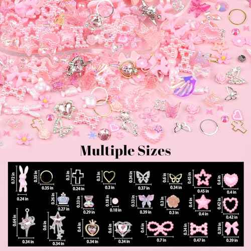 600Pcs Cute 3D Nail Charms and Gems, Pink Rabbit Bow Charms Alloy Butterfly Heart Star Nail Jewels with Nail Rhinestones, Mixed Gold Nail Studs Charms and Glitter Nail Sequins for Nail Design (Pink)