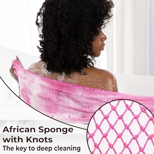 Fulloadris Camellia & SeaBlue African Exfoliating Net Sponge with Travel Bag - Back Scrubber & Body Wash Cloth