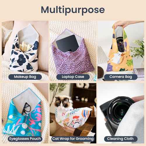 Self-Adhesive Magic Cloth Portable lazy Makeup Bag Cosmetic Pouch Widely Used for Camera Lens Wrap,Protective Cover Laptop Sleeve,Folding,Washable(17.7" X 17.7"Flower)