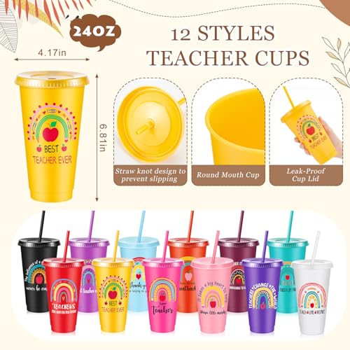 Pickmesh Teacher Appreciation Gift Bulk 48 Pcs / 12 Sets Makeup Bag Keychain 24oz Plastic Cup with Lid Ballpoint Pen Thank You Teacher Supplies(Rainbow Straw Cup,Multicolor)
